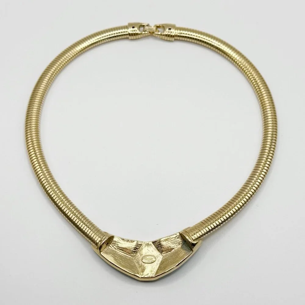 Vintage Trifari‎ Aqua Enamel Collar Necklace 1980s Goldtone